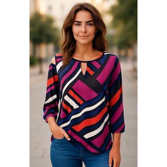 Worthington Petite Medium Geometric Print Top With 3/4 Sleeves - Picture 1 of 9